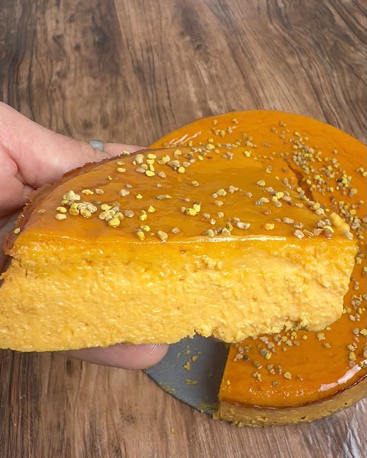Glazed sweet potato cheesecake slice with bee pollen